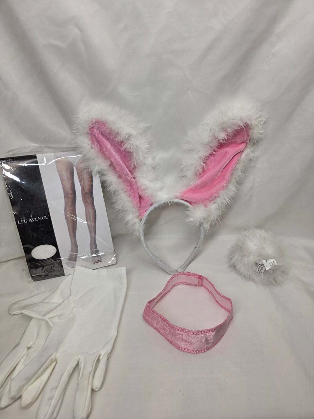 Leg Avenue Bunny Costume Set with Headband Gloves and Tail, fishnet stockings